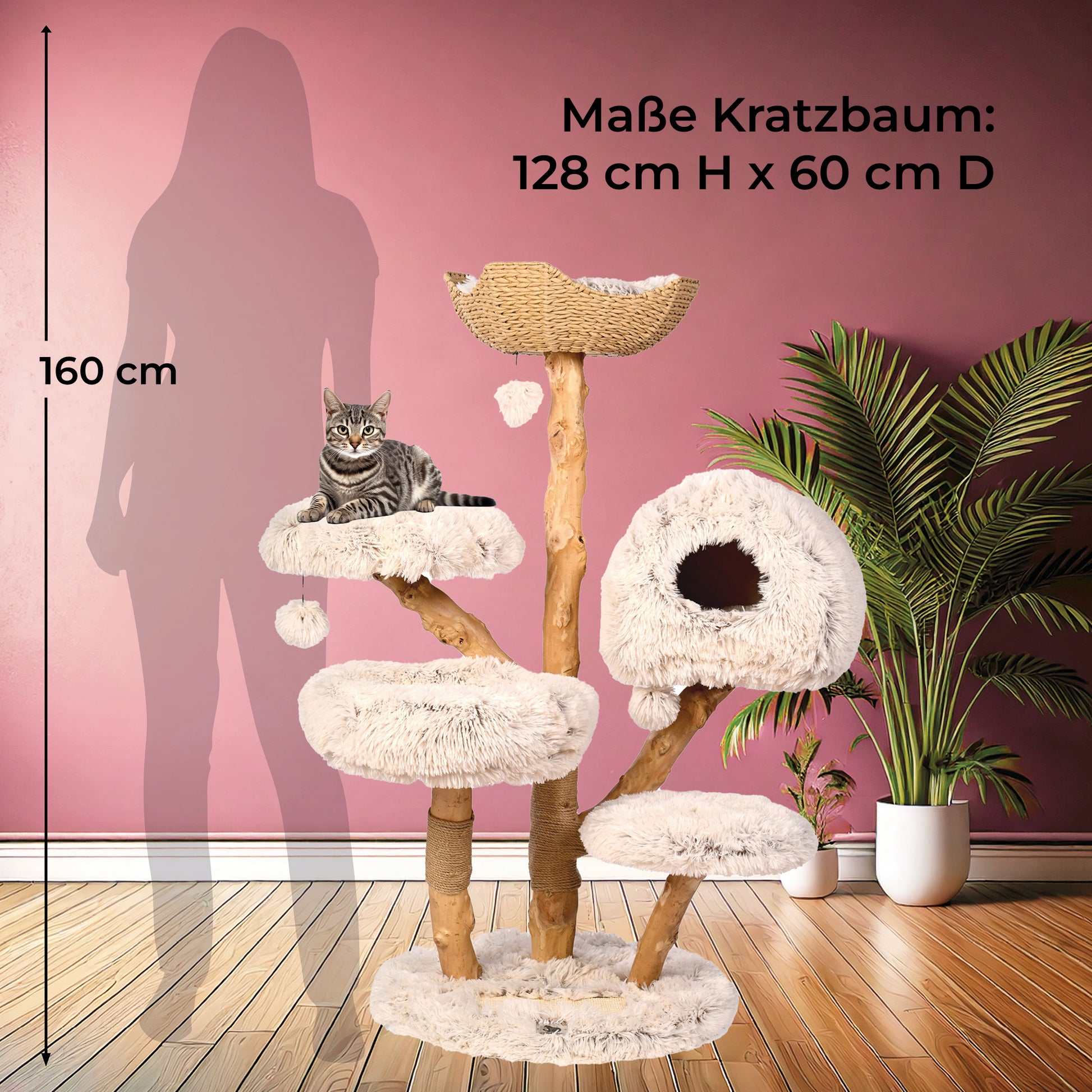 Nachhaltiger Kratzbaum aus Holz mit Größenangaben