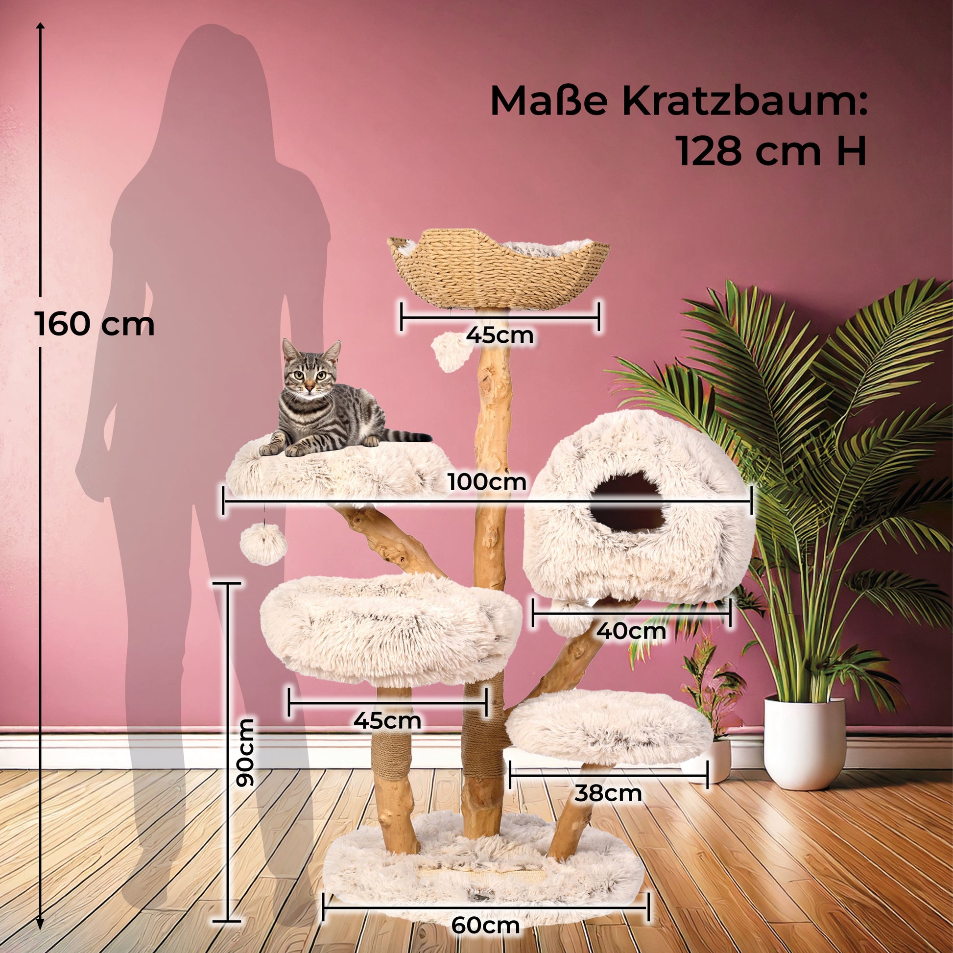 Nachhaltiger Kratzbaum aus Holz mit Größenangaben